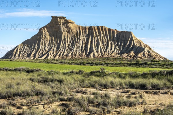 Colorful rock formation, semi-desert, Bardena Blanca area, Bardenas Reales Nature Park, Navarre,