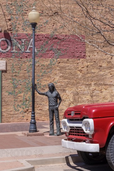 Statue of a man Standin' on a Corner in Winslow Arizona as sung in the classic Glenn Frey and