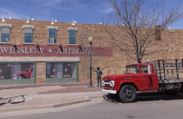 Statue of a man Standin' on a Corner in Winslow Arizona as sung in the classic Glenn Frey and