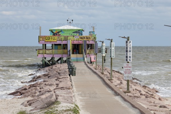 Pelicans and the Shark bar at the 61st Street Fishing Pier on the Texas Gulf Coast at Galveston,