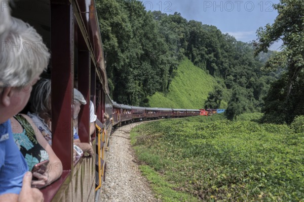 Great Smoky Mountains Railroad passengers looking out the windows of the open air train car while