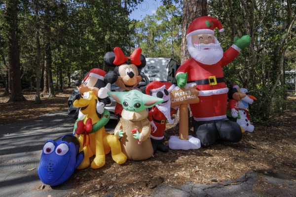 Inflatable Christmas decorations at a campsite in Fort Wilderness campground at Walt Disney World
