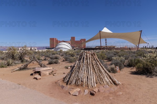 Cultural exhibits and shade structures at the Eagle Point overlook area of Grand Canyon West near