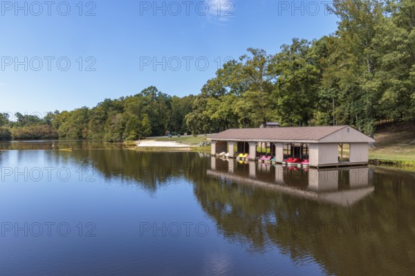Pedal boats in boat house at Cub Creek Lake in Natchez Trace State Park near Wildersville,