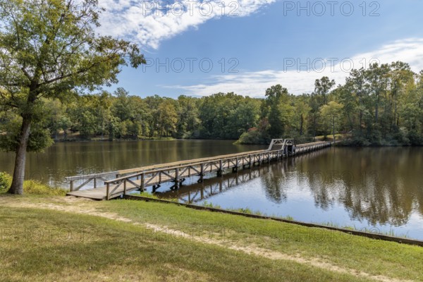 Bridge on Cub Creek Trail over Cub Creek Lake in Natchez Trace State Park near Wildersville,