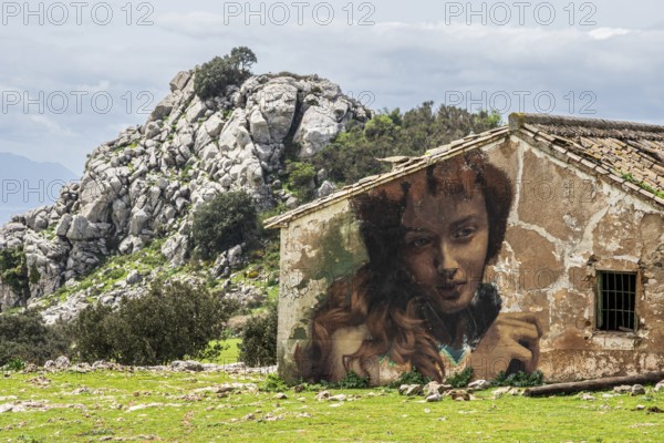 Large portrait painting on the wall of a house, typical rock formation in the back, El Torcal de