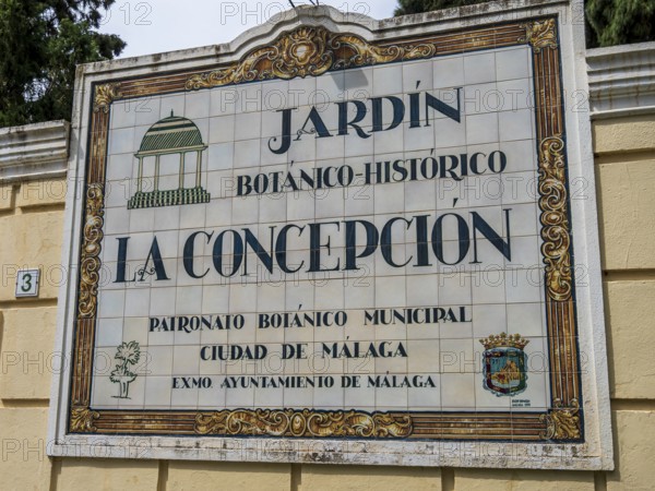 Sign of botanic garden, city Malaga, Andalusia, Spain