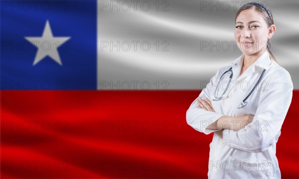 Female doctor on Chile flag. Doctor with crossed arms on Chile flag. Chile health and care concept