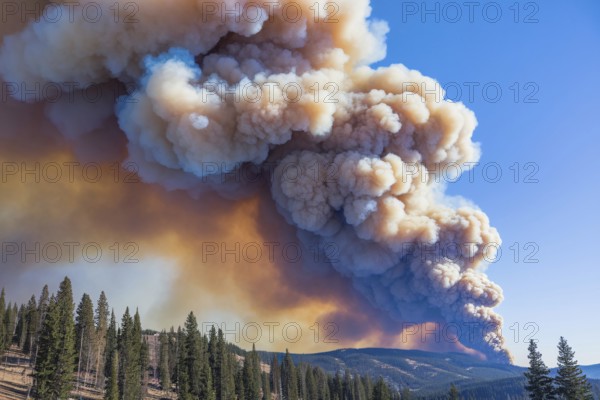 Massive forest wildfire smoke rising over mountain landscape under blue sky. Generative AI, AI