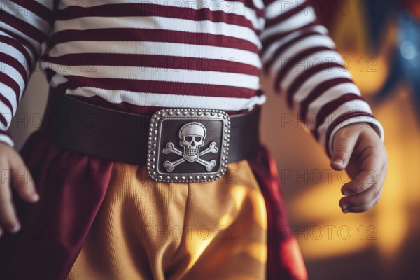 Young boy wearing pirate costume with detailed buckle for Halloween celebration. Generative AI, AI