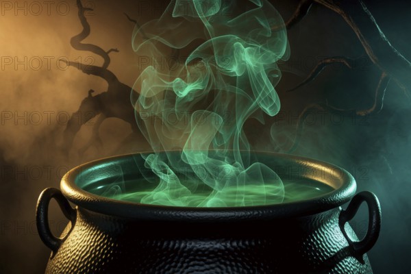 Witch cauldron with rising green smoke in eerie forest light and spooky tree silhouettes.