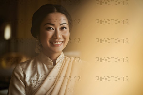 Smiling Thai woman in elegant traditional cream-colored outfit under warm golden light. Generative