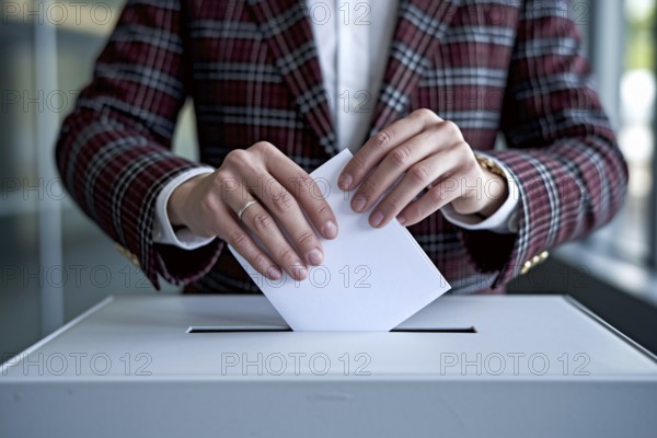 Woman casting vote by placing folded ballot paper into voting box during election. Generative AI,