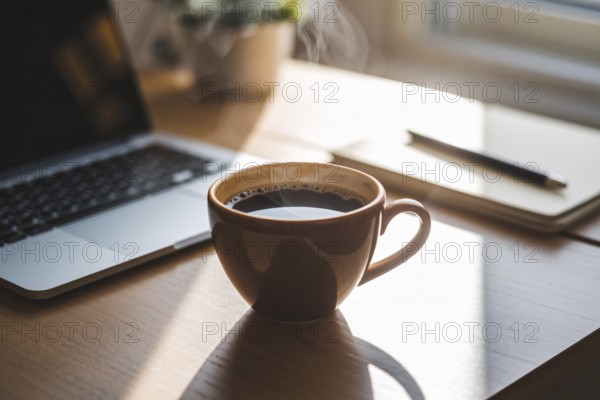 Cup of steaming coffee on desk. Cozy workspace with notebook in background, Generative ai, AI