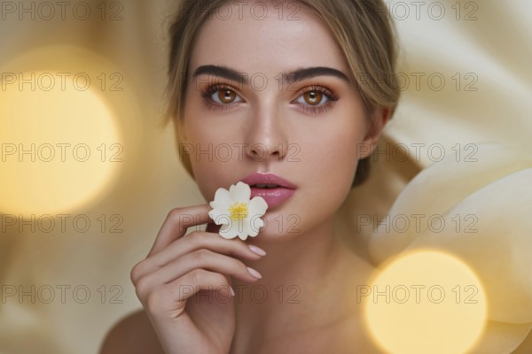Young blond woman with flawless skin holding white blossom. Elegant beauty portrait with soft