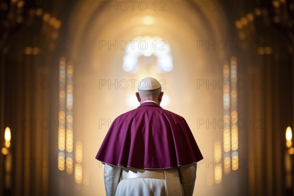 Back view of man in pope-like garments. Anonymous figure in golden catholic church interior.