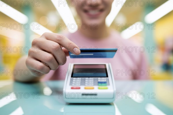 Person tapping credit or debit card on payment terminal. Contactless transaction in store.