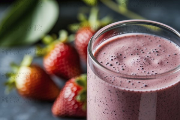 Close-up of creamy strawberry smoothie with fresh strawberries blurred in background, healthy