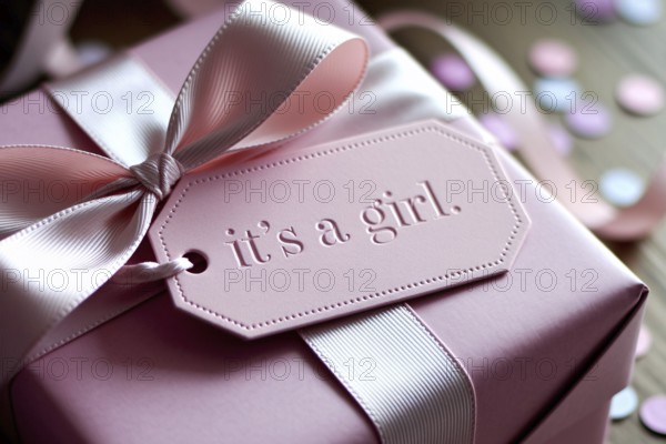 Close up of tag with text it's a girl on pink gift box, a commentary on gender roles and