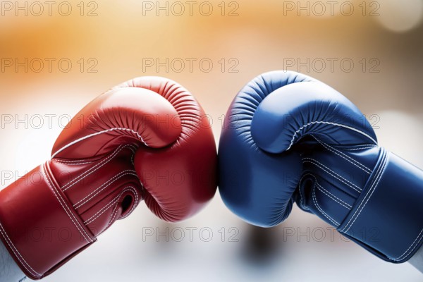 Red and blue boxing gloves facing each other, symbolizing international conflict and geopolitical