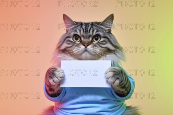 Chubby domestic cat wearing a shirt holding a blank white sign in colorful studio background for