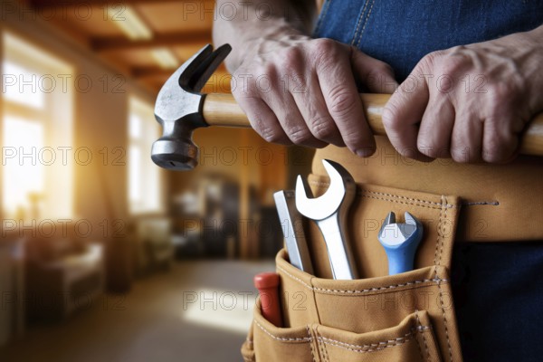 Man's tool belt loaded with working tools like wrench, holding a hammer symbolizing traditional