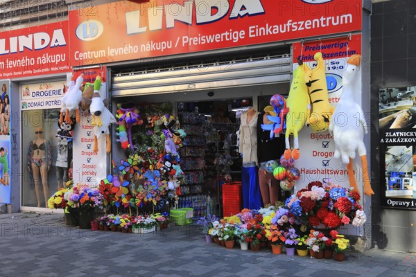 Department stores' in the city centre, bilingual Czech and German, Cheb, Eger, Egerland, Bohemia,
