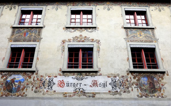 Facade with façade painting in the old town, Bürger-Asyl, Stein am Rhein, Canton Schaffhausen,
