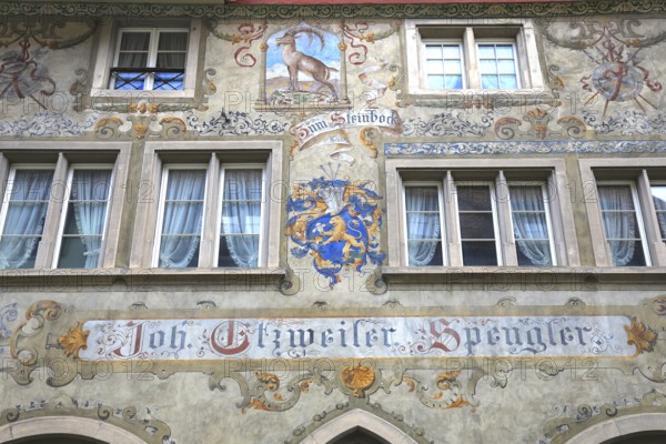 Facade with façade painting in the old town, Zim Steinbock, tinsmith, Stein am Rhein, Canton