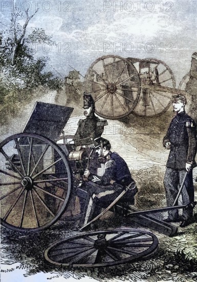 Feldmitrailleuses, a crank-operated machine gun, during the Franco-Prussian War of 1870-1871,