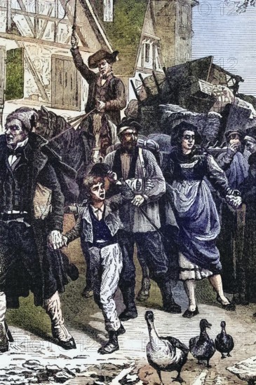 Alsatian farmers fleeing to Strasbourg, France in 1870, digital reproduction of a historical model