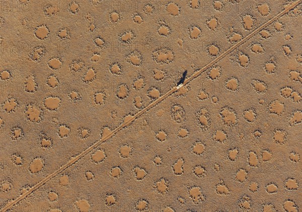 A vehicle of the balloon ground crew crosses a sandy plain with so-called Fairy Circles at the edge
