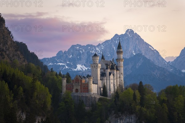 Fairytale Neuschwanstein Castle framed by the Alps after sunset, Schwangau near Füssen, Ostallgäu