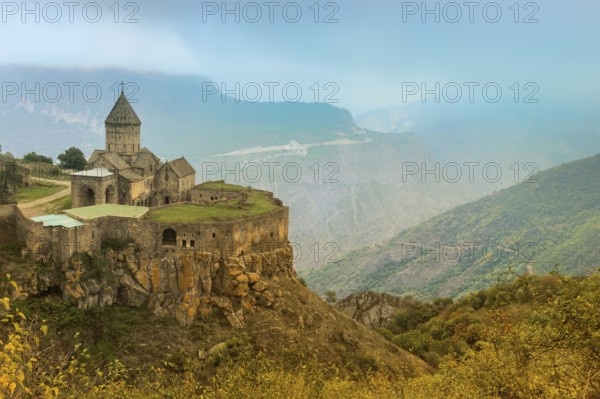 View over Tatev Armenian Apostolic Monastery surrounded by mountains, Syunik Province, Armenia