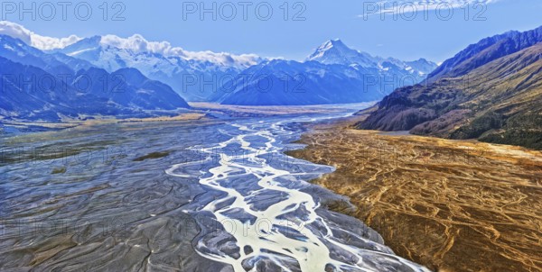 Tasman River with the peak of Mount Cook, Aoraki, Mount Cook National Park, Southern Alps, South