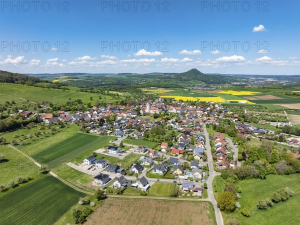 Aerial view of the municipality of Weiterdingen in Hegau, on the horizon the Hohenhewen, district