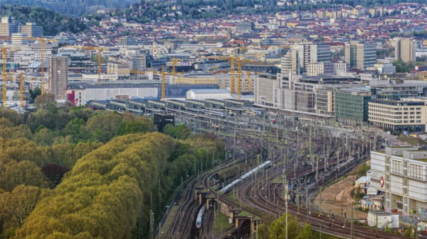 Track apron at the main railway station with a view of Stuttgart city centre. After completion of