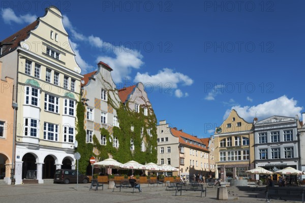Impressive half-timbered houses in a sunlit street with lots of greenery, market square, Old Town,