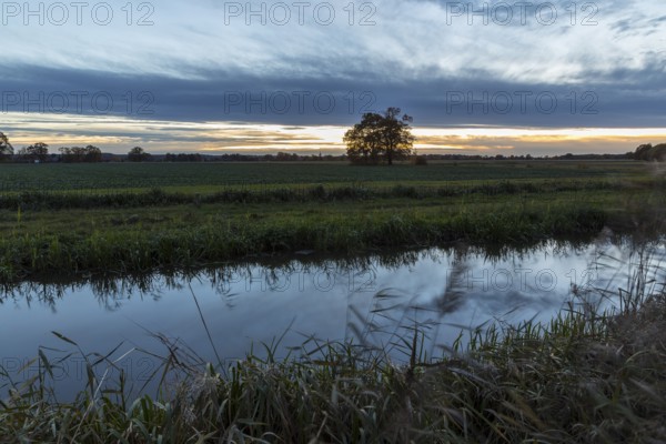 Raklitza water channel at sunset, Niederspreer pond area, Rietschen, Saxony, Germany