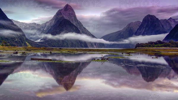 Milford Sound, fog, reflection, lake, South Island, mountains, New Zealand, Milford Sound, South