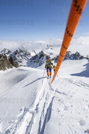 Ski tourer with rope, rope team on the Vadret da Porchabella glacier on the ascent to the summit of