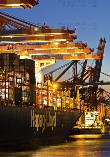 Container ships at the Eurogate container terminal in the evening with an atmospheric sunset,