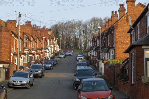 Victorian terraced housing with small front gardens, Fairfield Street, inner city of Lincoln,