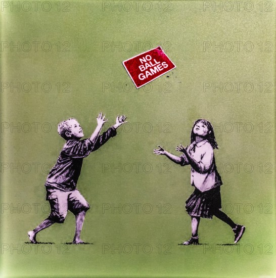 Banksy - No Ball Games, children obey and break the rules at the same time, 2009, Tottenham,