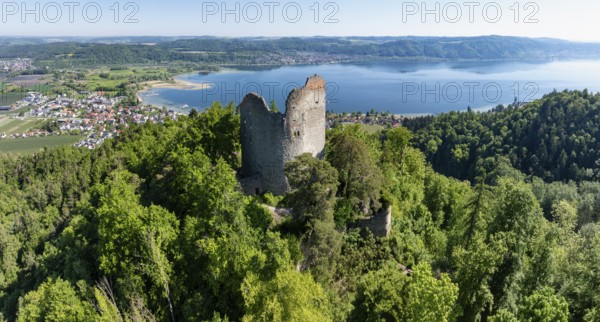 Aerial view, panorama of Lake Constance with the ruins of Altbodman, Bodman-Ludwigshafen, district