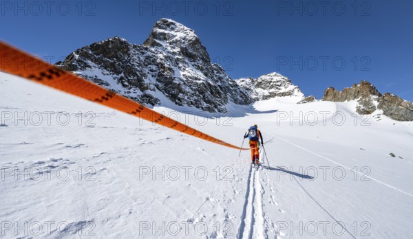 Ski tourer with rope, rope team on the Vadret da Porchabella glacier on the ascent to the summit of
