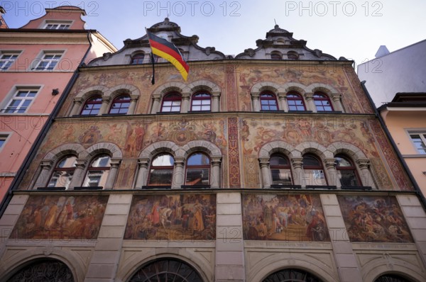 Wall paintings on the exterior façade, German flag, town hall, Constance, Baden-Württemberg,