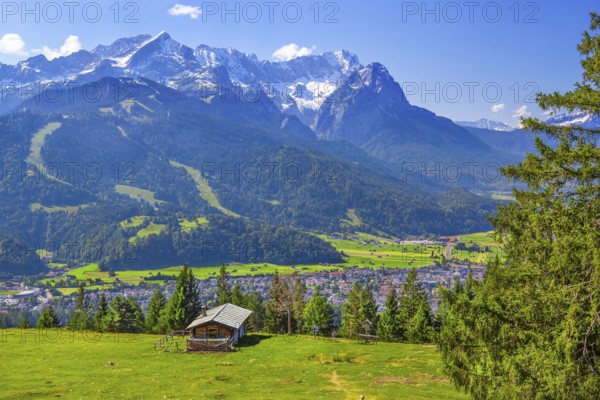 Eckenhütte on the Wank 1780m with views of the valley, town and Zugspitze group 2962m,