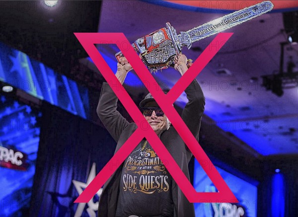 Symbolic image, chainsaw man Elon Musk eleminated by his own Twitter-X, social media, hate speech,