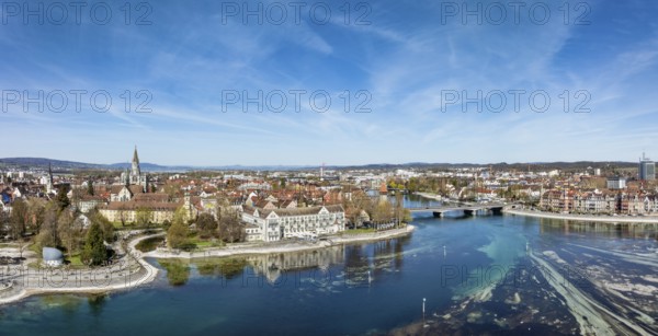 Aerial view, panorama of Lake Constance with the Seerhein, also Rhine funnel and the old town of